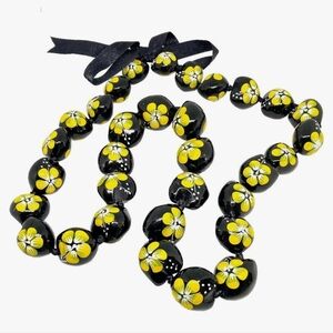 Handmade~Hawaiian Hand-Painted Kukui Nut Lei Necklace Yellow Hibiscus Floral